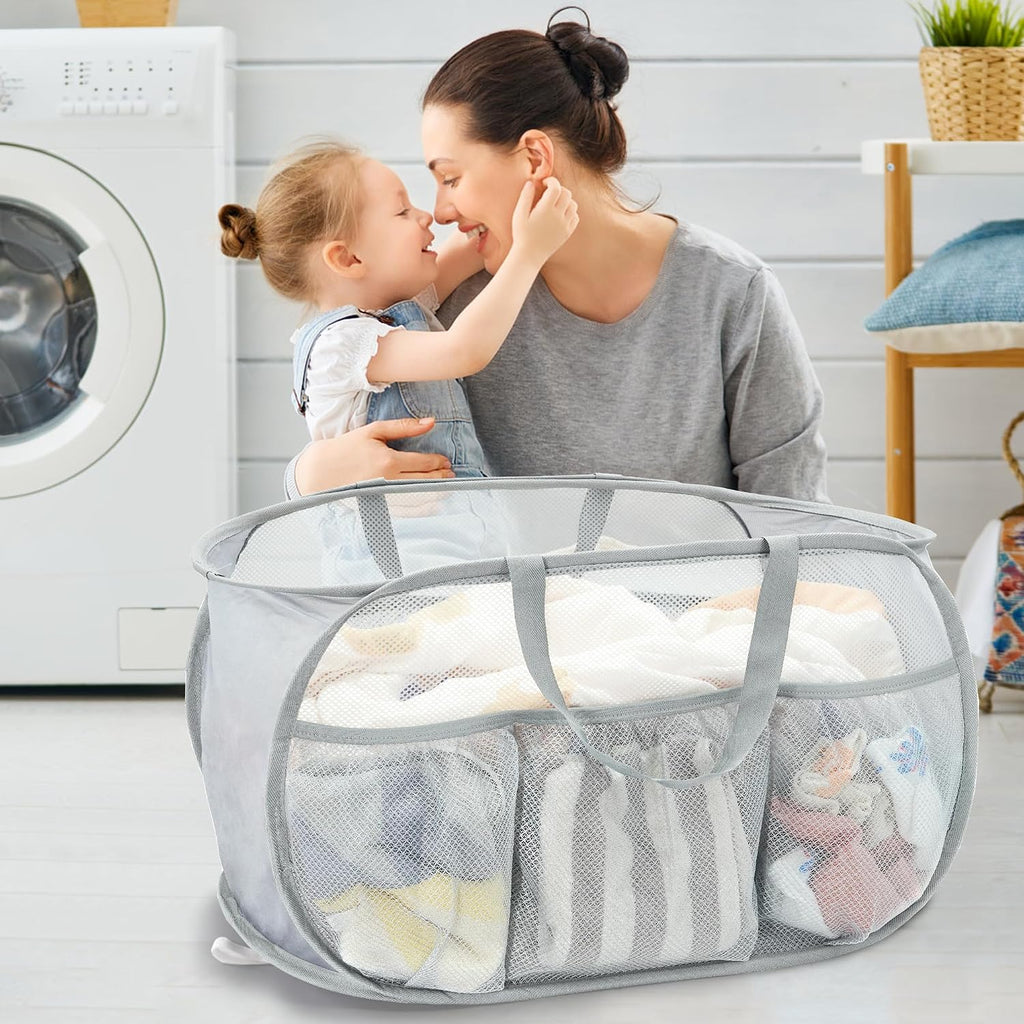 Collapsible Laundry Baskets, Upgrade Pop Up Laundry Hamper with Convenient Bags, Foldable Laundry Basket Mesh Light Weight, Easy to Carry Clothes Hampers for Laundry, Dorm, Toys, Travel Grey