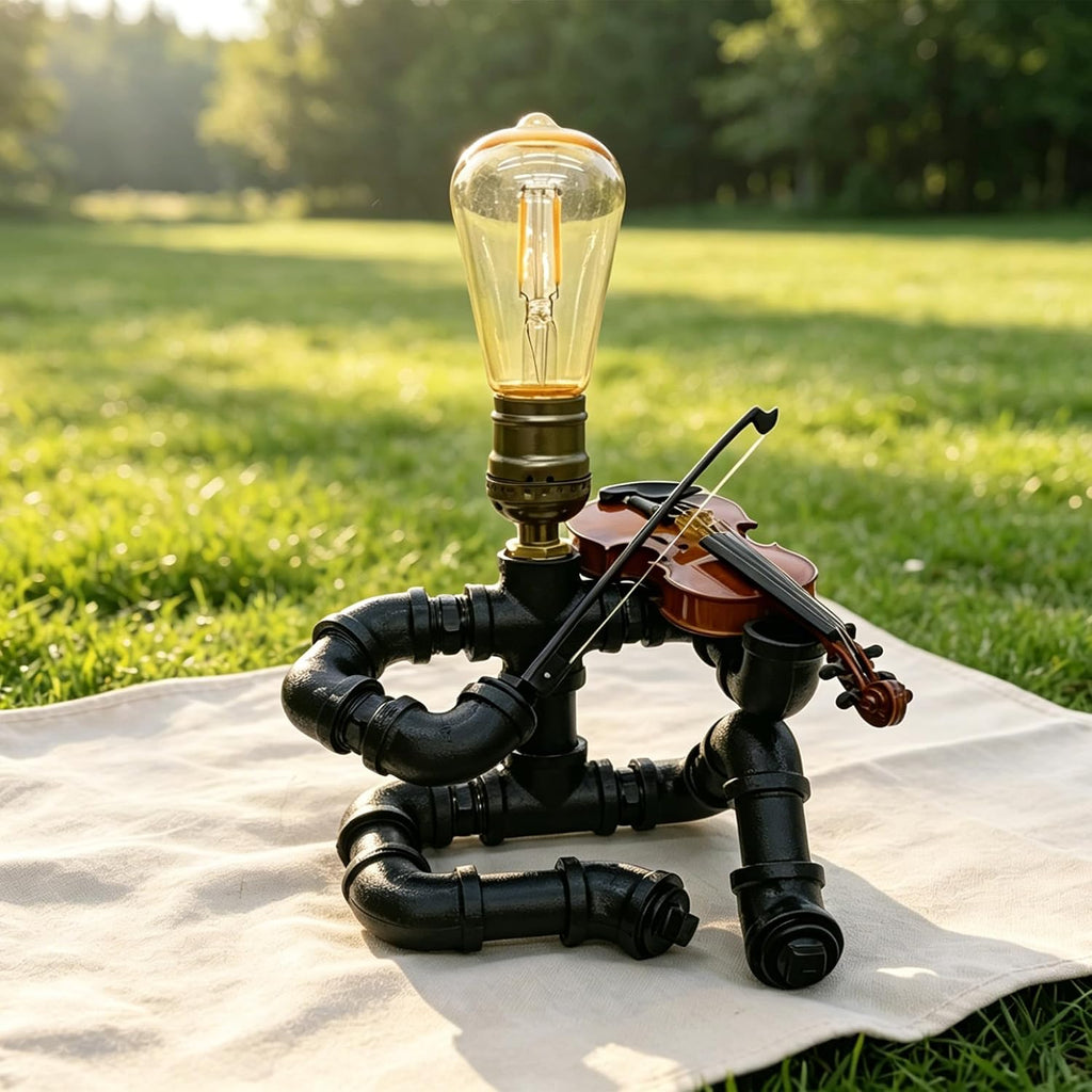 Industrial Pipe Violinist Table Lamp, Black Metal