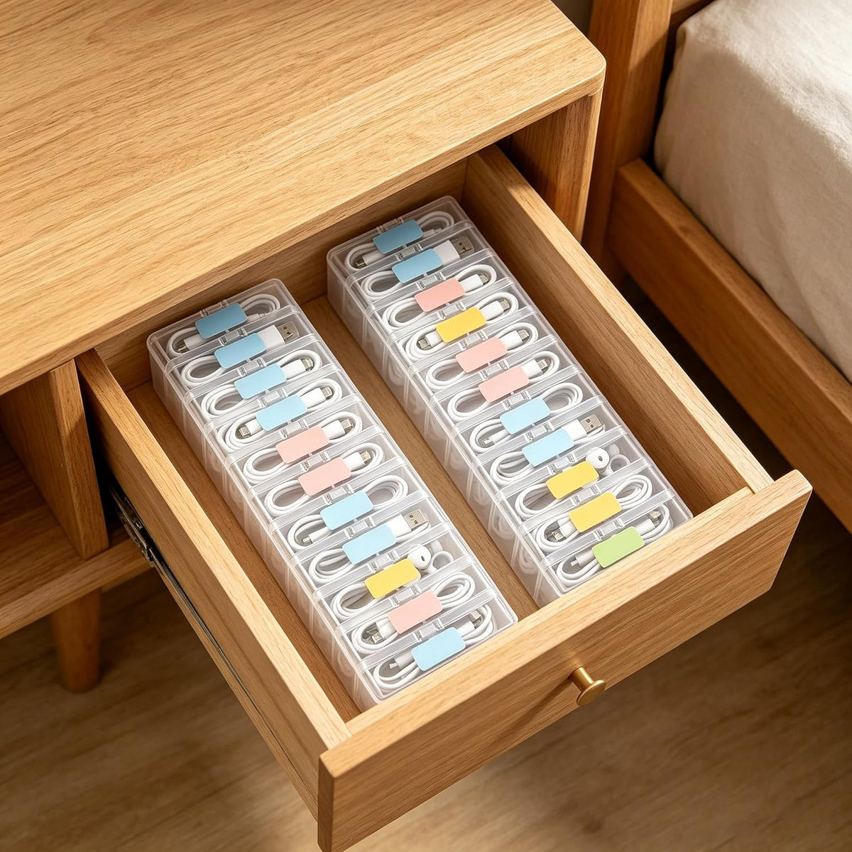 11 Compartment Cable Organizer Box – Clear, with Switch Access, Cable Straps & Labels – Cord Management Storage for Charging, USB, Power Cords, Earphones & Stationery – for Desk, Home, Office & Travel