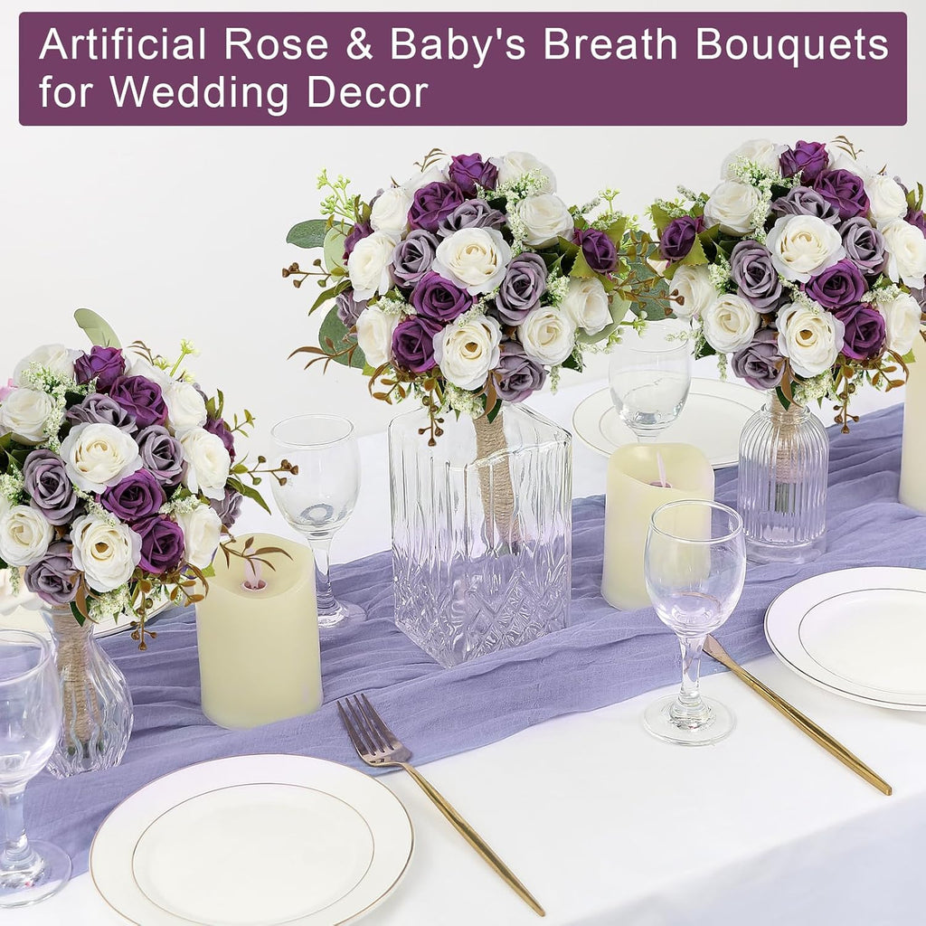 Wedding Bouquet for Bridesmaid 1 Pack - Hand Holding Flower Bouquet 7 Inch Artificial Flower Bouquet for Bride Party Ceremony Anniversary Decor - Dusty Purple & White