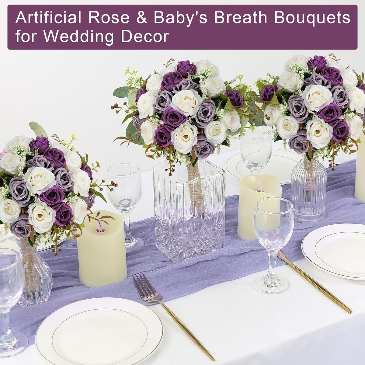 Wedding Bouquet for Bridesmaid 1 Pack - Hand Holding Flower Bouquet 7 Inch Artificial Flower Bouquet for Bride Party Ceremony Anniversary Decor - Dusty Purple & White