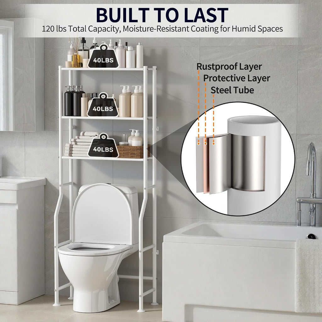 3-Tier Over Toilet Storage Cabinet, No Drilling, 64" H, White