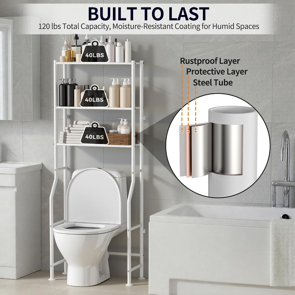 3-Tier Over Toilet Storage Cabinet, No Drilling, 64" H, White