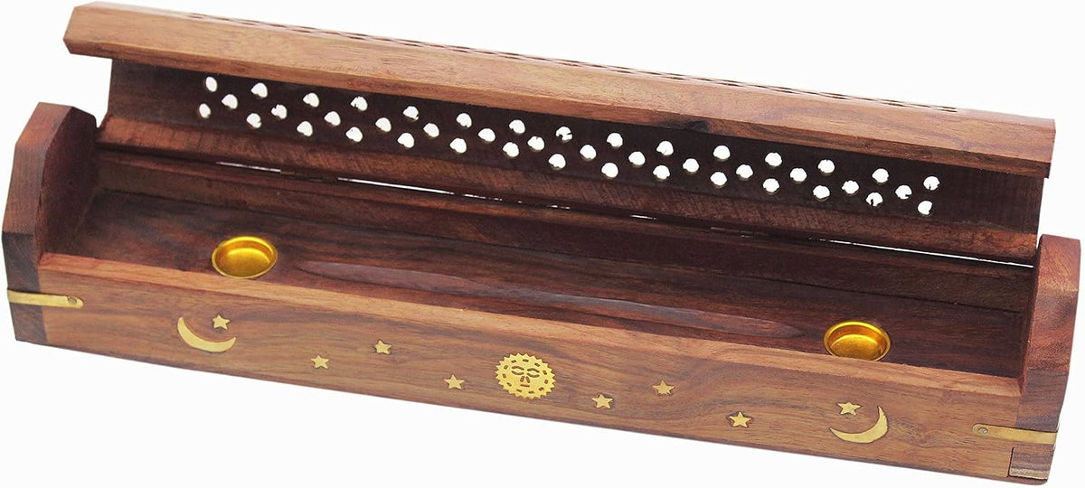 COTTON CRAFT Sheesham Wood Incense Burner Holder -Sun Moon Star Brass Inlay