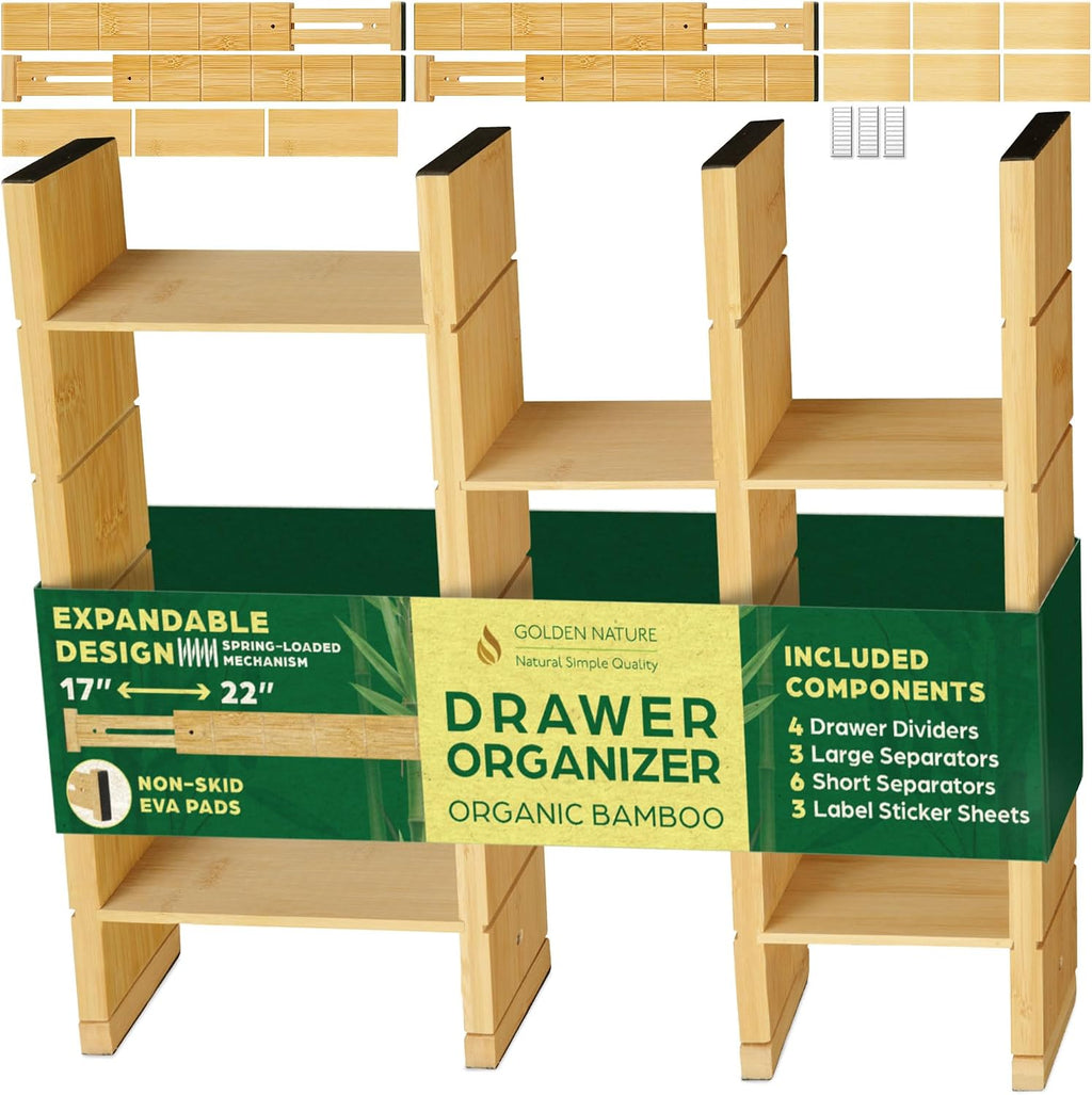 Bamboo Drawer Organizer with Inserts & Labels, 17-22", Kitchen Dividers