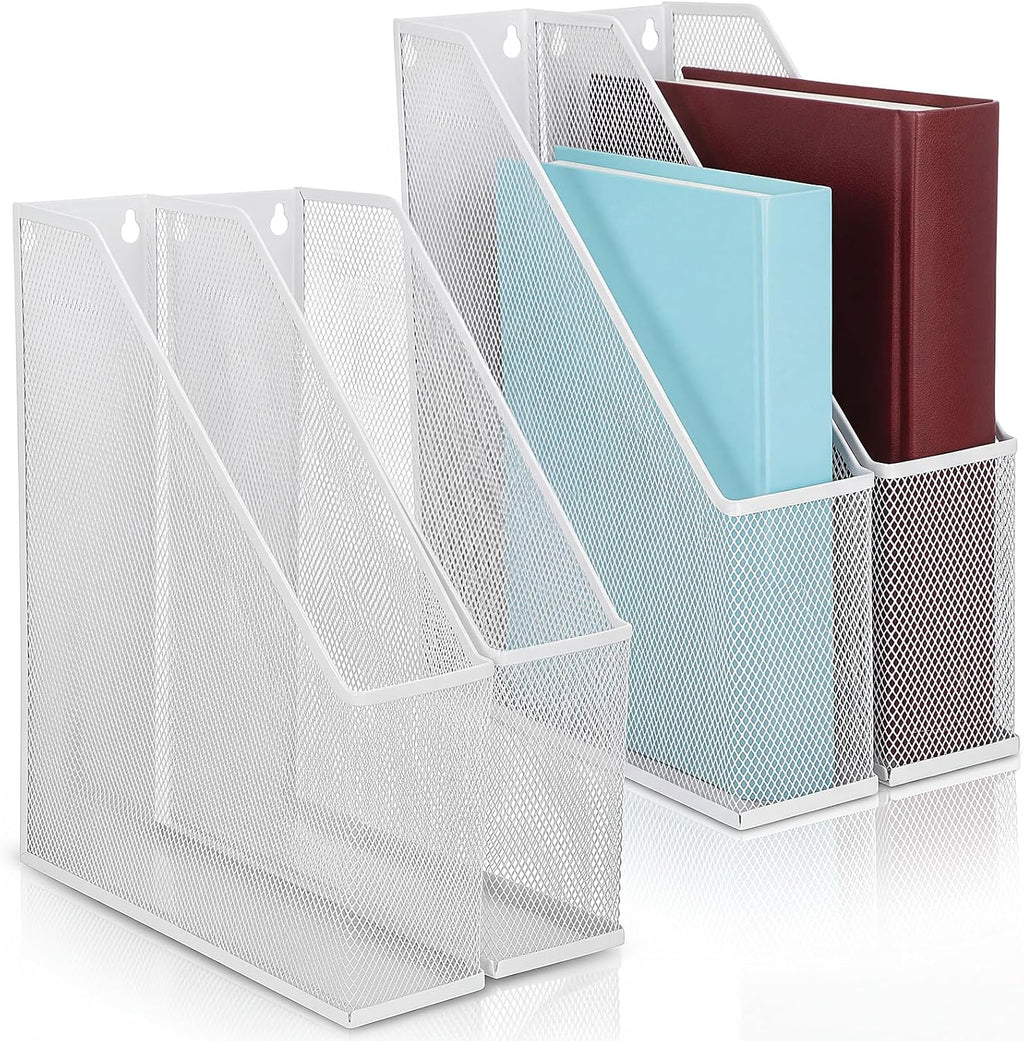 Sliner 4 Pack White Metal Magazine Holder Mesh Steel Document Rack 1 Section File Organizer Extra Wide Magazine Folder Storage Desk Tidy for Office Home, 12.6"x 9.8"x 3"