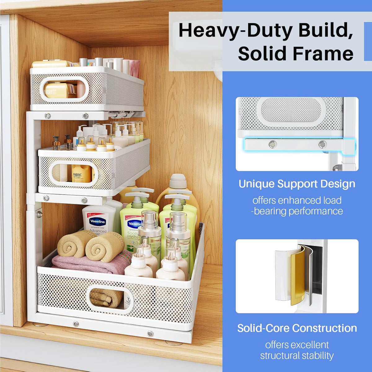 Under Sink Organizer, 3-Tier Thickened Metal Pull out Cabinet Organizer Shelf, Height Adjustable Slide out Storage Drawer Rack for Kitchen Bathroom Pantry Laundry Home Organization, 2-Pack, White