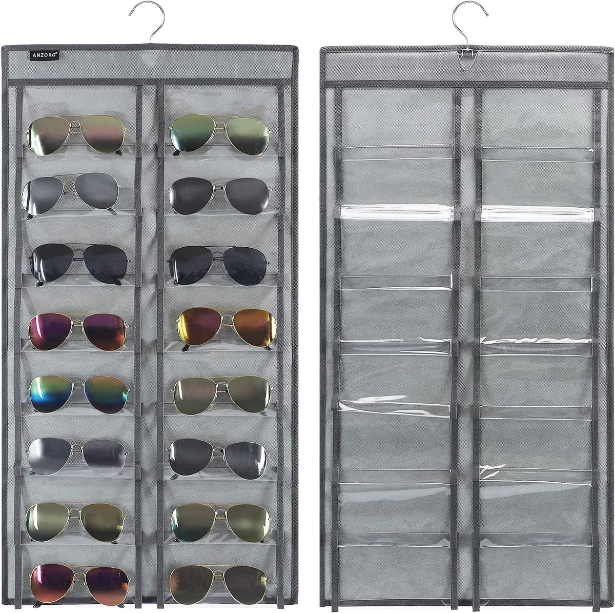 Dual Sided Hanging Sunglasses Organizer Wall Eyeglass Holder Sunglass Rack for Home with 32 Dust Proof Pockets (32 Pockets-Grey)