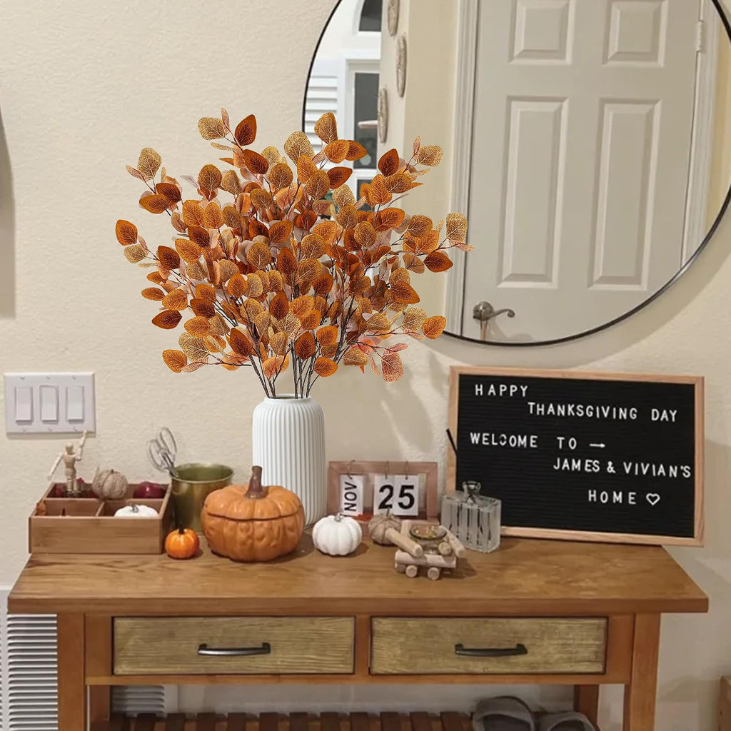Sggvecsy 6 Pcs Fall Eucalyptus Leaves Artificial Eucalyptus Stems Long Silver Dollar Leaves Autumn Leaf Branches Fake Silk Eucalyptus for Indoor Home Autumn Thanksgiving Decor (Mixed Fall Color)