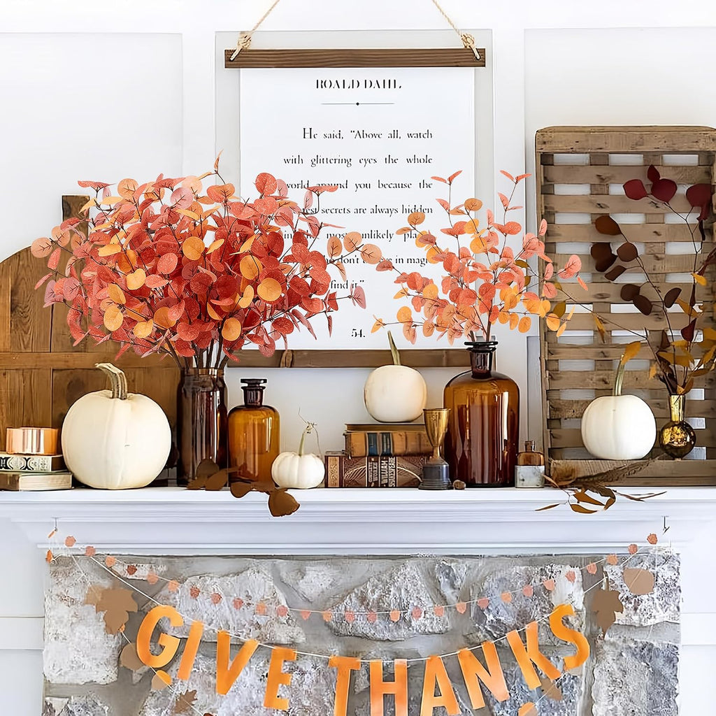 SITUMEIZI 6 Pcs Thanksgiving Decoraitons Fall Stems Eucalyptus Artificial Flowers with Eucalyptus Leaves Autumn Decor for Office and Home Fall Halloween Table Centerpiece Floral Arrangement Decor