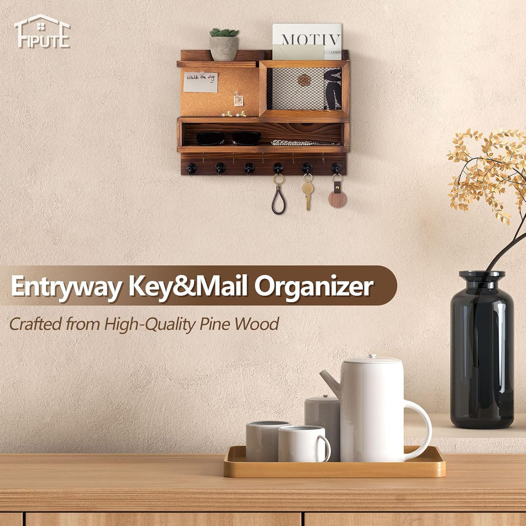 Key Holder for Wall with Mail Organizer,Farmhouse Mail and Key Holder for Wall,Key Hanger with ‌Metal 11 Hooks,Corkboard,and Shelf,Decorative Natural Pine Wood Entryway Organizer,14.6*11.1*3.3”,Brown