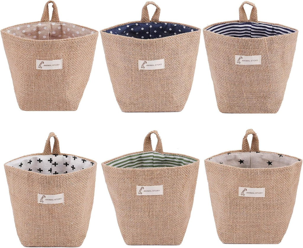 Foraineam 6 Pack Mini Hanging Storage Bag Cotton Linen Decorative Wall-Hanging Basket Organizer Collapsible Box Bin Bags for Wall Door Closet