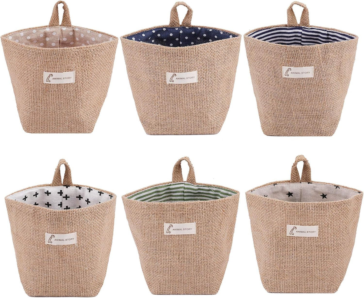Foraineam 6 Pack Mini Hanging Storage Bag Cotton Linen Decorative Wall-Hanging Basket Organizer Collapsible Box Bin Bags for Wall Door Closet