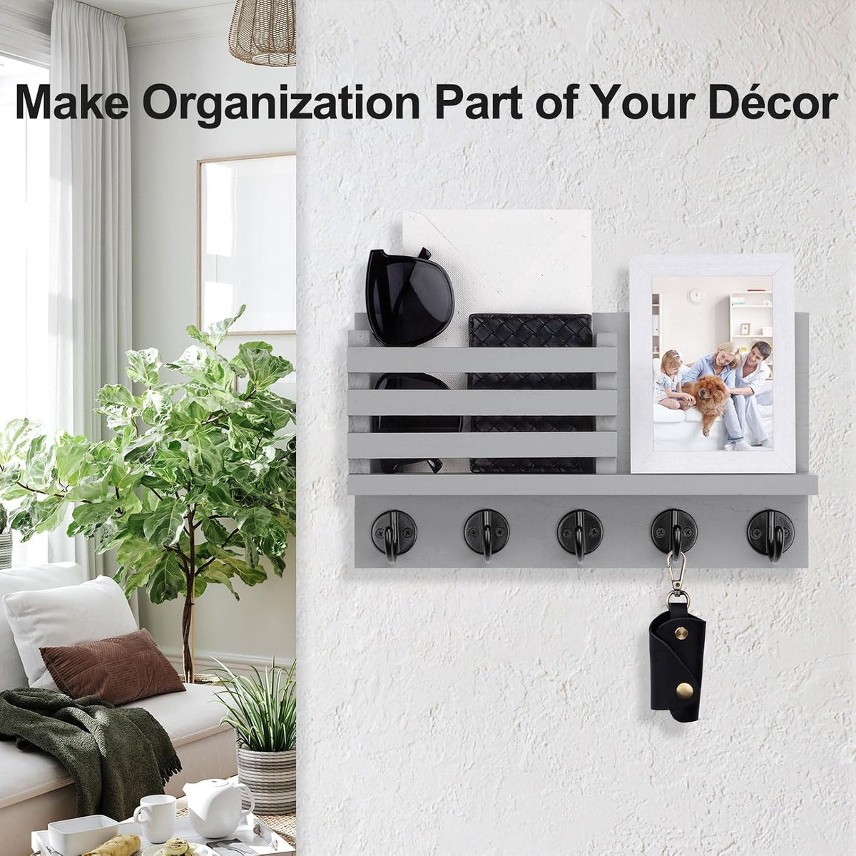 Lwenki Key Holder for Wall – Decorative Wooden Mail Holder and Key Shelf with Mounting Hardware, Installation Guide – Paulownia Wood with Metal Key Hooks (Gray, Large - 11.8inch)