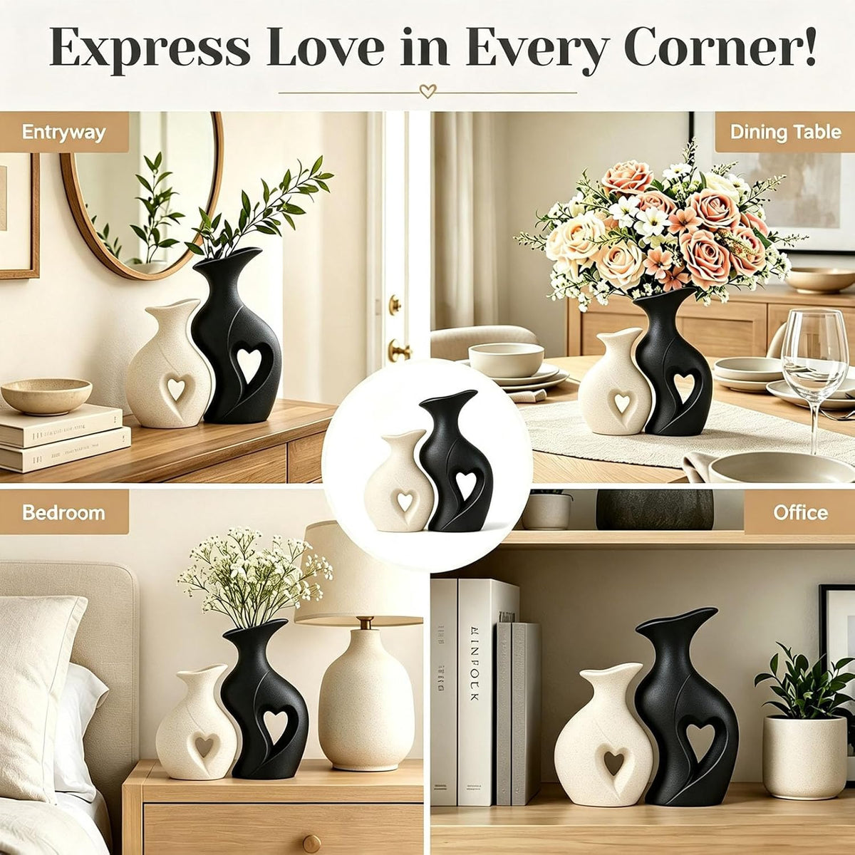 Modern Heart Ceramic Vases Flower Vase Set of 2 (Cream & Black)