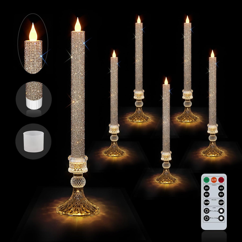 LED Flameless Taper Candles with Illuminated Holder - Glass Candle Holder