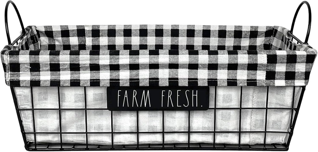 Rae Dunn ‘Farm Fresh’ Metal Lined Basket - Rustic, Farmhouse, Vintage Style with Wire and Fabric - Storage Organizer for Kitchen, Pantry, Laundry Room, Closet, Nursery, Office - Cute Home Décor