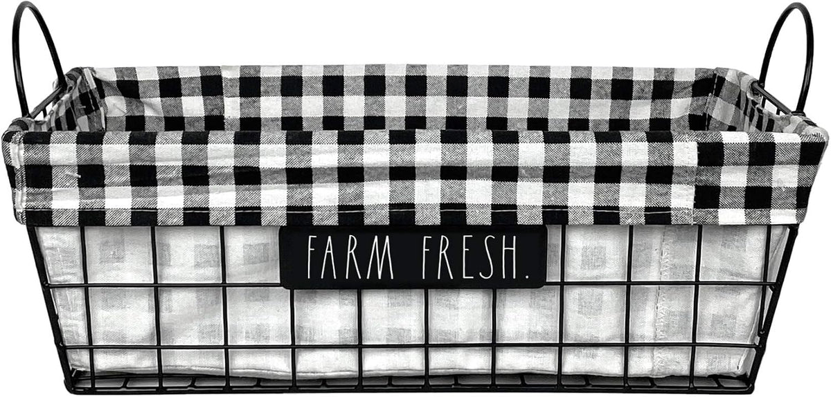 Rae Dunn ‘Farm Fresh’ Metal Lined Basket - Rustic, Farmhouse, Vintage Style with Wire and Fabric - Storage Organizer for Kitchen, Pantry, Laundry Room, Closet, Nursery, Office - Cute Home Décor