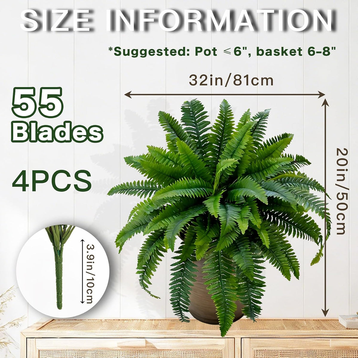 Senjie Fake Ferns 4 Set 55 Branches Artificial Ferns for Outdoors 32in
