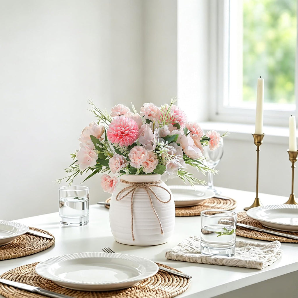 Artificial Flowers with Ceramic Vase, Faux Silk Peony & Hydrangea Bouquet