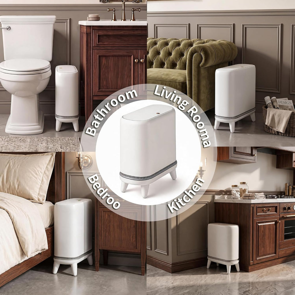 Slim Bathroom Trash Can with Lid, Narrow 3.3 Gallon Trash Can for Tight Spaces, Hidden Liner, Press-to-Open Lid, Patented Bag-Fit Design, Elevated Legs, White