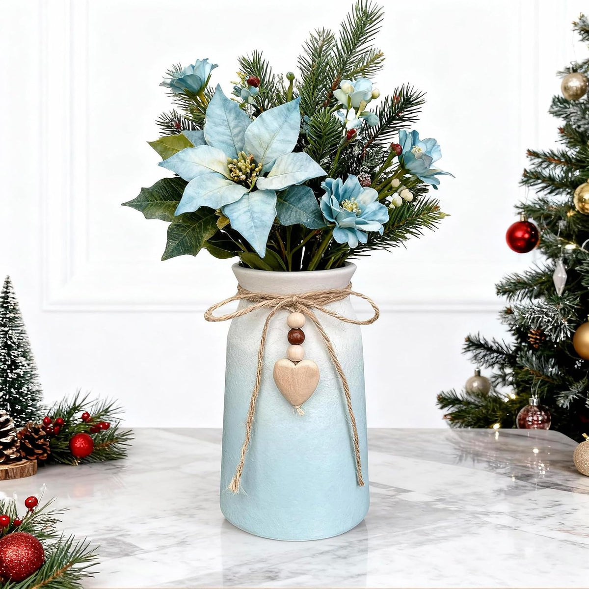 Elegant Ceramic Vase | 6-Inch Flower Vase with Jute Rope & Heart Charm | Modern, Farmhouse, & Boho Home Décor, Blue Color