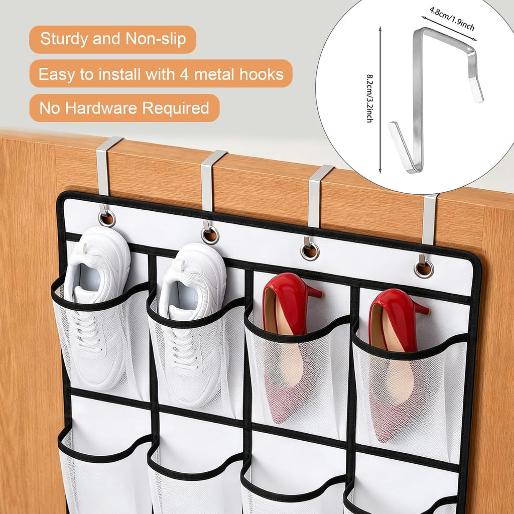24 Pockets Over The Door Shoe Organizer, Large Breathable Mesh Hanging Shoe Rack with 4 Metal Hooks, Space Saving White Over Door Shoe Storage Holder Mesh Bag for Closet Entryway Bedroom Pantry