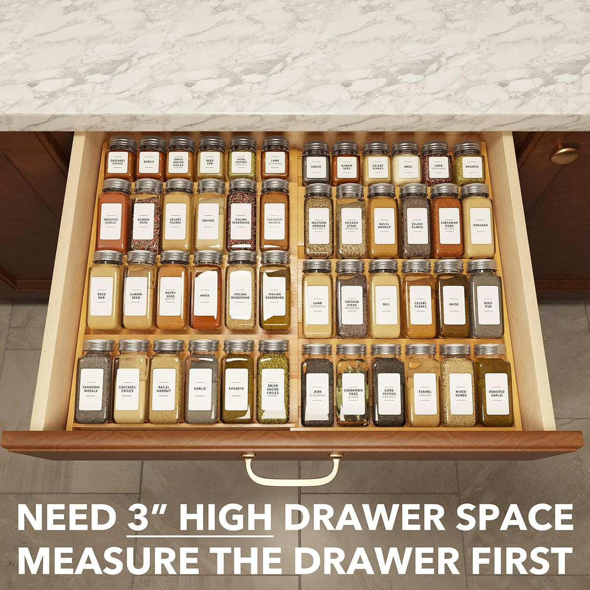 SpaceAid Bamboo Spice Drawer Organizer and Bamboo Drawer Dividers with Inserts and Labels, Kitchen Adjustable Drawer Organizers