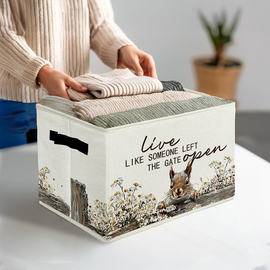 Rustic Squirrel Storage Bins & Boxes with Handles, Farmhouse Squirrel Foldable Basket for Organizing, Live Like Someone Left the Gate Open Collapsible Storage Basket for Bedroom Bathroom Clothes