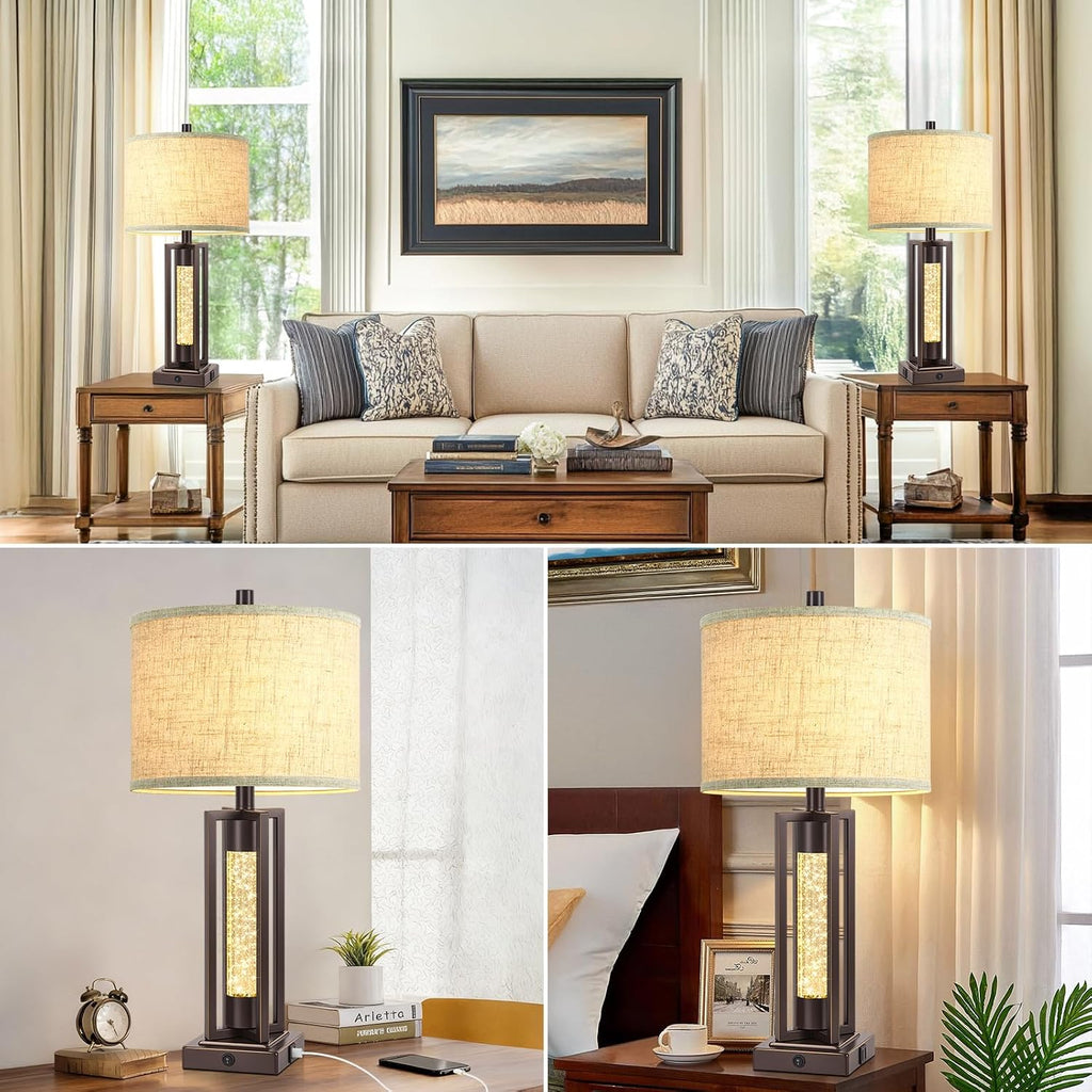 TOBUSA 26" Brown Farmhouse Table Lamps Set of 2 with Crystal Night Light