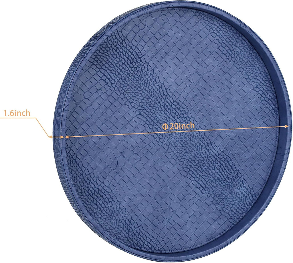 HofferRuffer Round Serving Tray 20'', Elegant Faux Leather Circle Ottoman Table Tray, Serve Tea Coffee Breakfast in Bedroom Living Room Kitchen (Blue, 20")