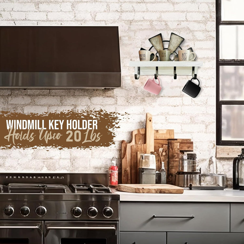 Windmill Key Holder Wall Mount, Decorative Wall Mounted Key and Mail Rack with Shelf, Farmhouse Wall Decor, 4 Rustic Hooks for Coats & Keys, White Western Key Holder.
