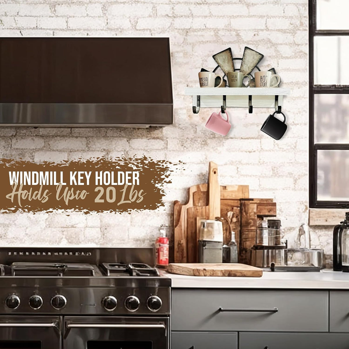 Windmill Key Holder Wall Mount, Decorative Wall Mounted Key and Mail Rack with Shelf, Farmhouse Wall Decor, 4 Rustic Hooks for Coats & Keys, White Western Key Holder.