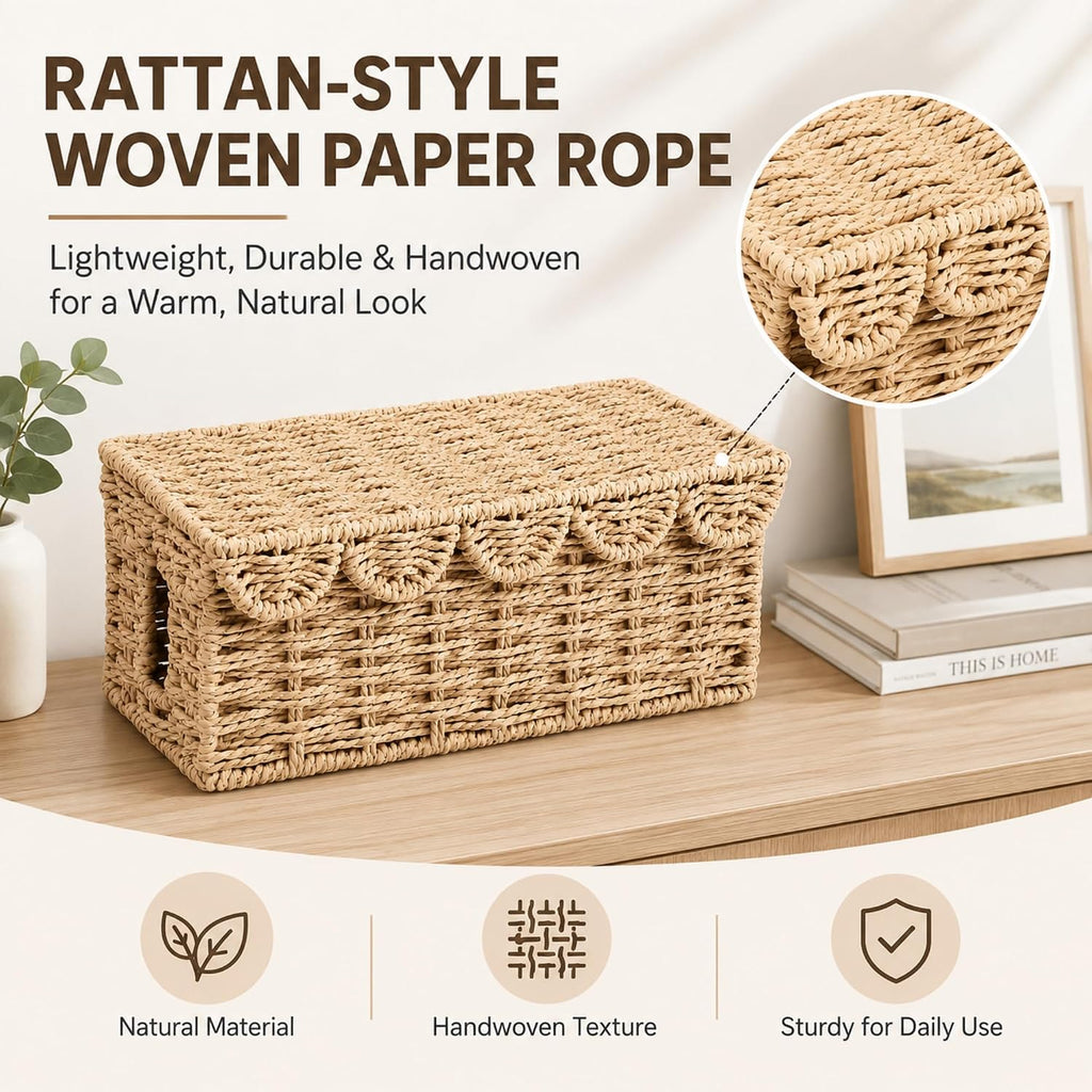 Woven Cable Management Box with Scalloped Lid, 13 Inch Cord Box