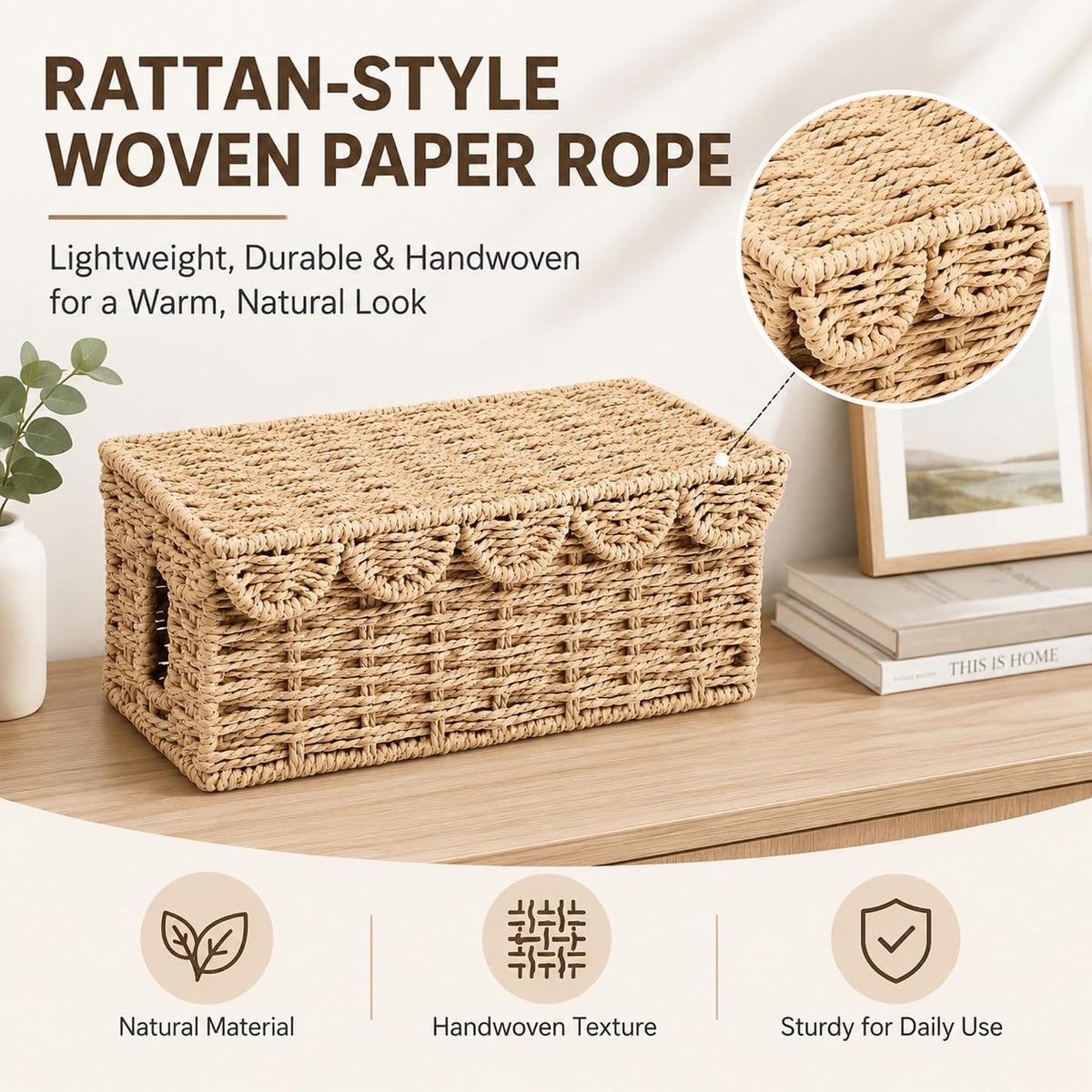 Woven Cable Management Box with Scalloped Lid, 13 Inch Cord Box
