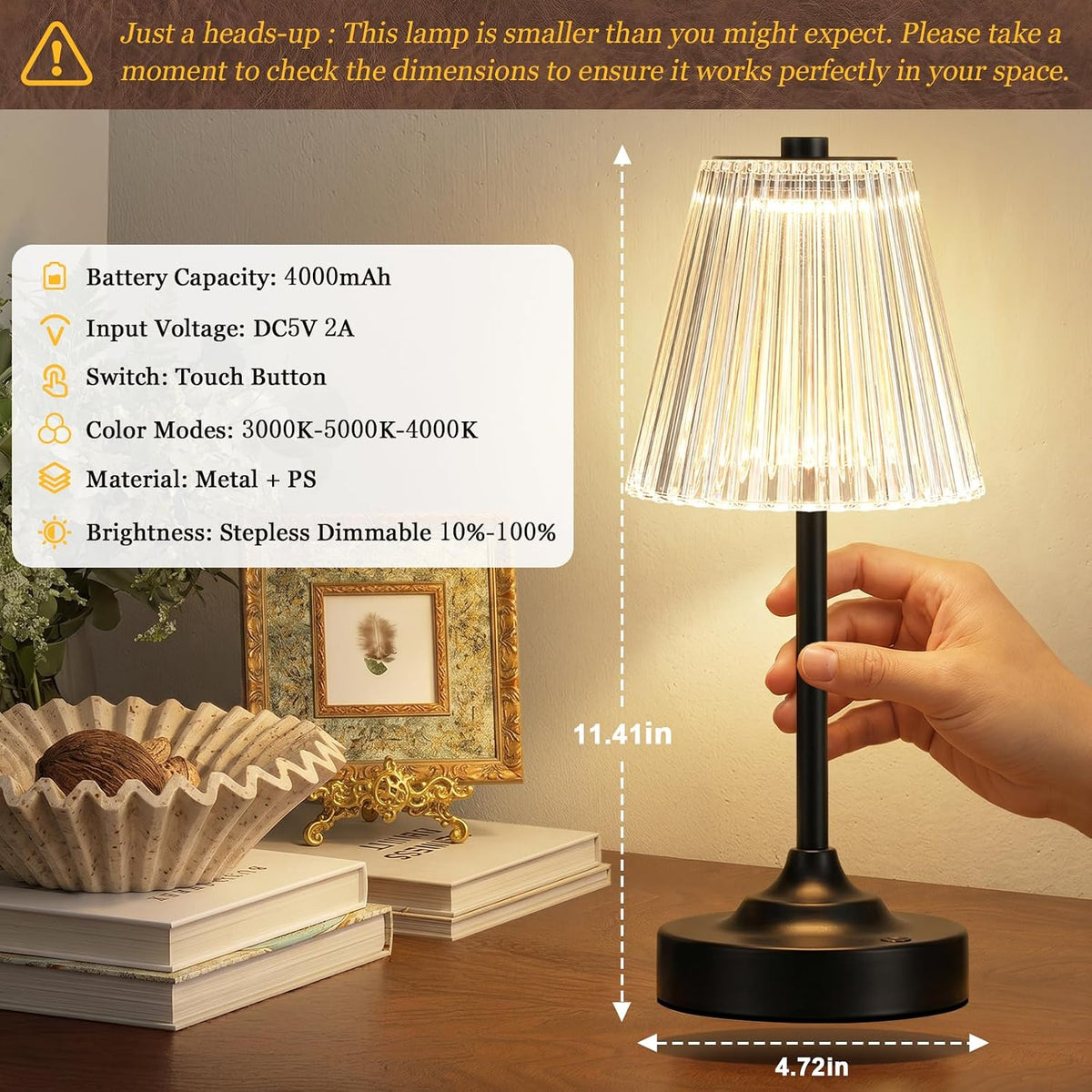 Black Cordless Rechargeable Table Lamp, Touch Battery Powered Lamp, 3 Color Modes, Crystal Acrylic Lampshade, Portable Ambient Night Light for Desk, Bedroom, Living Room, Dining Room, Kitchen, Bar
