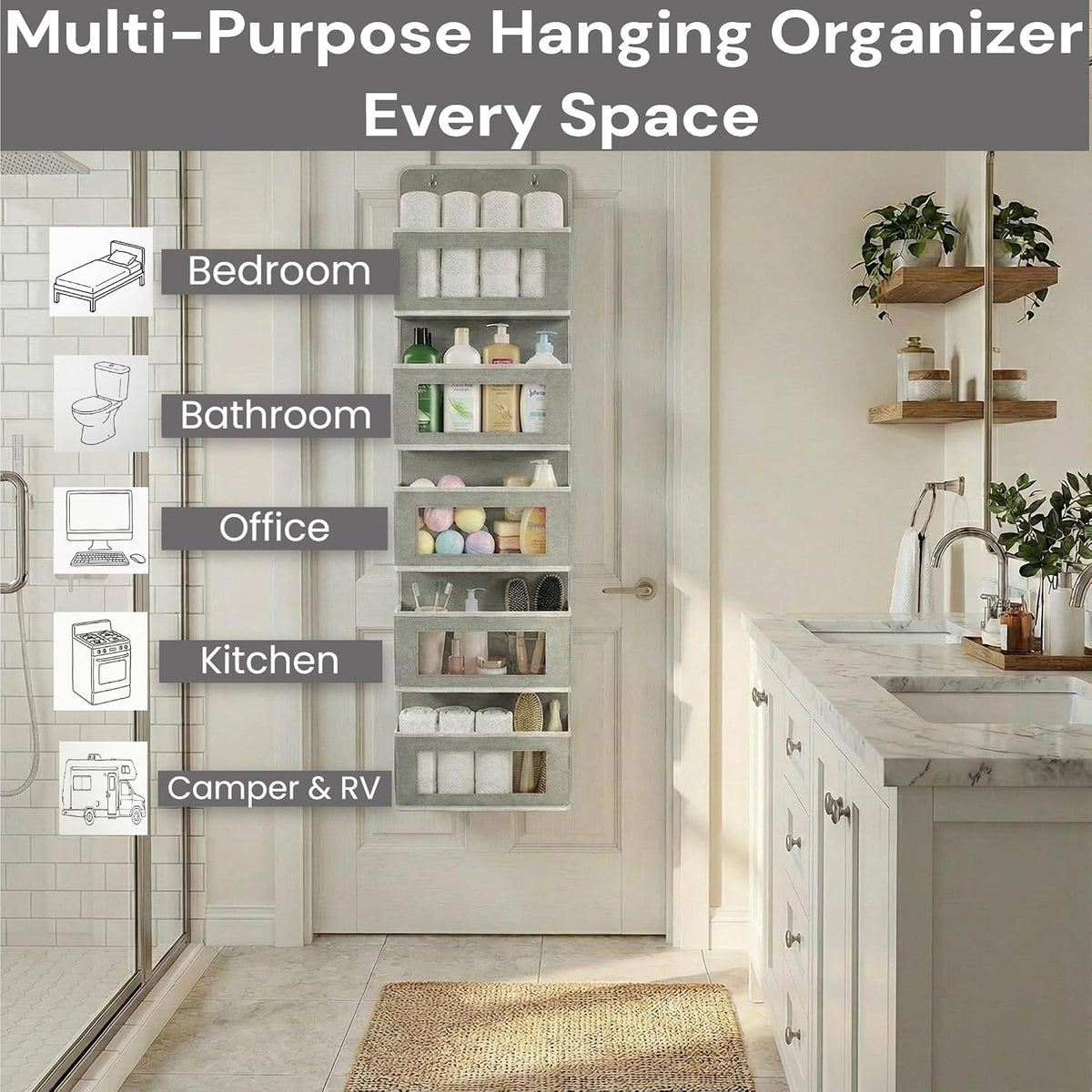 Over Door Organizer 5-Tier, Clear Window Hanging Shelf for Closet, Grey