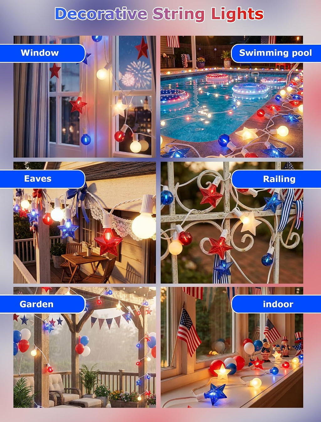 4th of July Red White and Blue Lights String, 25FT 20 LED Patriotic Star G40 Globe Decorations for Independence Day Outdoor Decor, Memorial Day Fourth of July Lights for Home Window Porch, White Wire