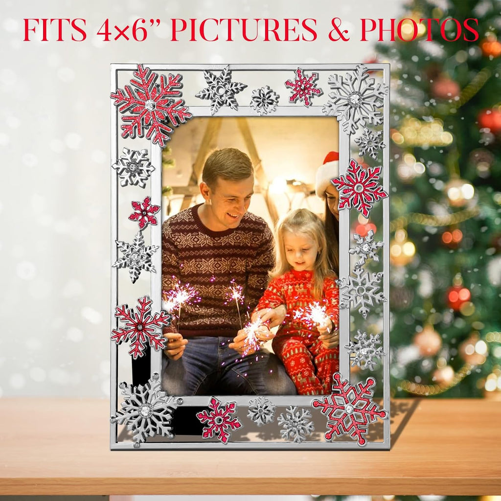 GUOER Christmas Decorations Photo Frame 4x6 Inch Snowflake Christmas Metal Photo Display Picture Photo Frames with High Definition Glass Front Gift Ideas Tabletop Home Decorative (Red)