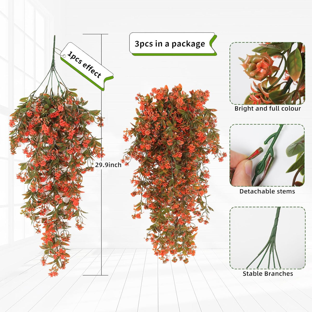 SJL 3Pcs Fall Faux Hanging Plants Artificial Fall Hanging Flowers Outdoor