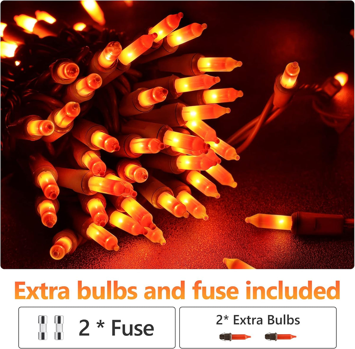 ODEETRONIC Orange Halloween Lights, 21.63ft 100 Count Orange Incandescent Lights Connectable, Plugin Outdoor Tree Light, Mini Indoor String Light for Room Party Haunted House Decor, Brown Wire