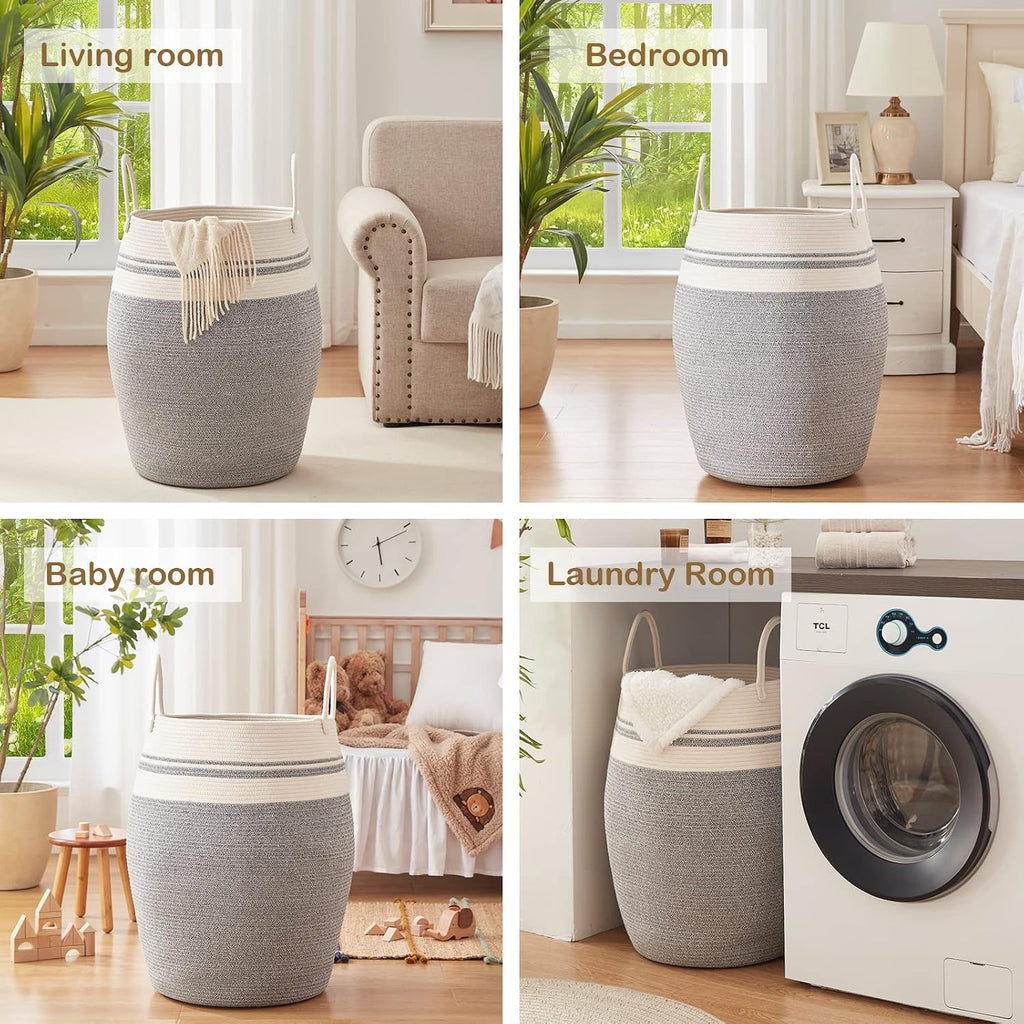 OIAHOMY 105L Laundry Hamper Cotton Rope Large Clothes Hamper White & Grey