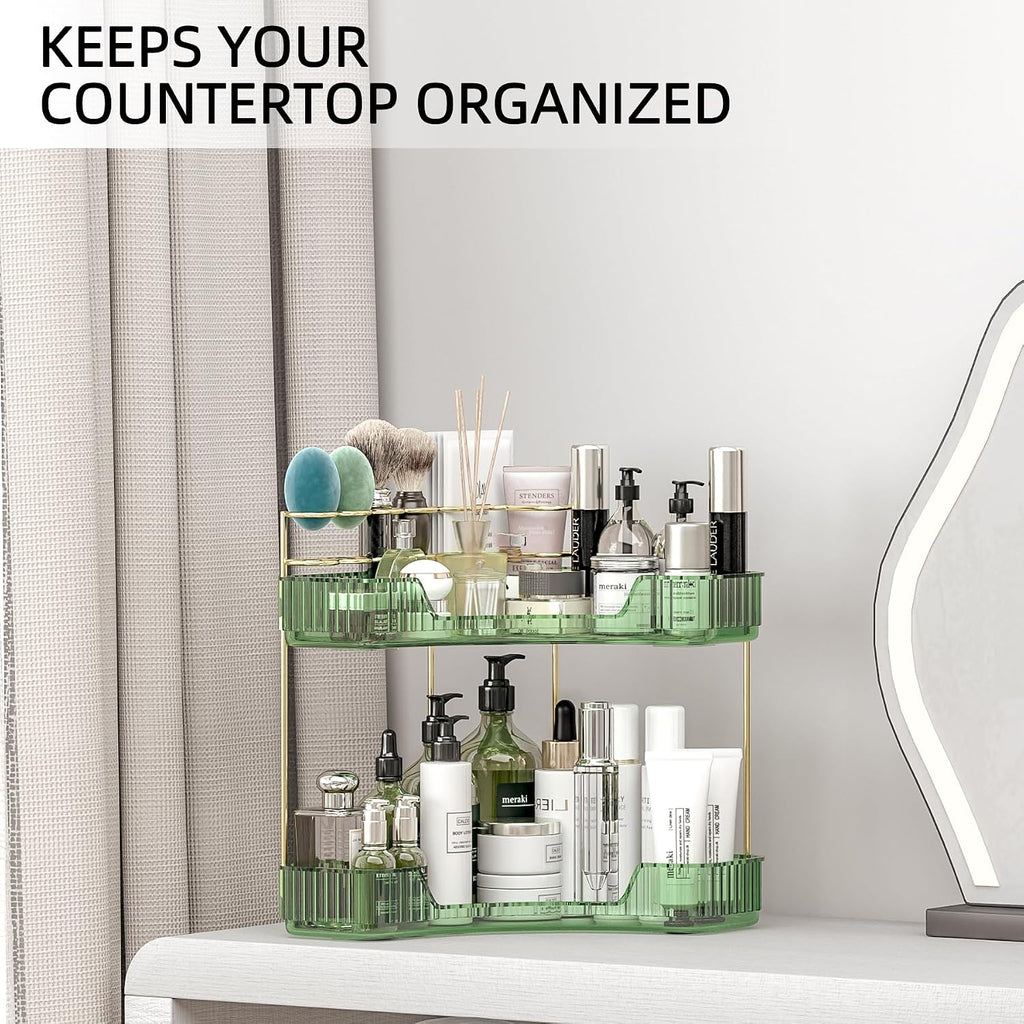 2 Tier Corner Bathroom Organizer Countertop, Vanity Makeup Organizer with Brush Holder, Space-Saving Skincare Storage Corner Shelf for Bathroom, Dressing Table, Kitchen