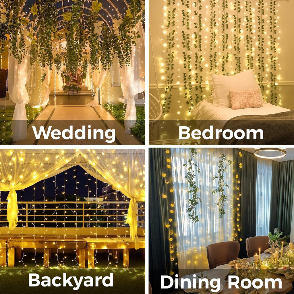suddus Curtain Lights for Bedroom, 200 Led Hanging String Light Outdoor, Fairy Curtain Lights Indoor for Christmas, Dorm, Wall, Backdrop, Window, Wedding, Party, Birthday Decor, Warm White