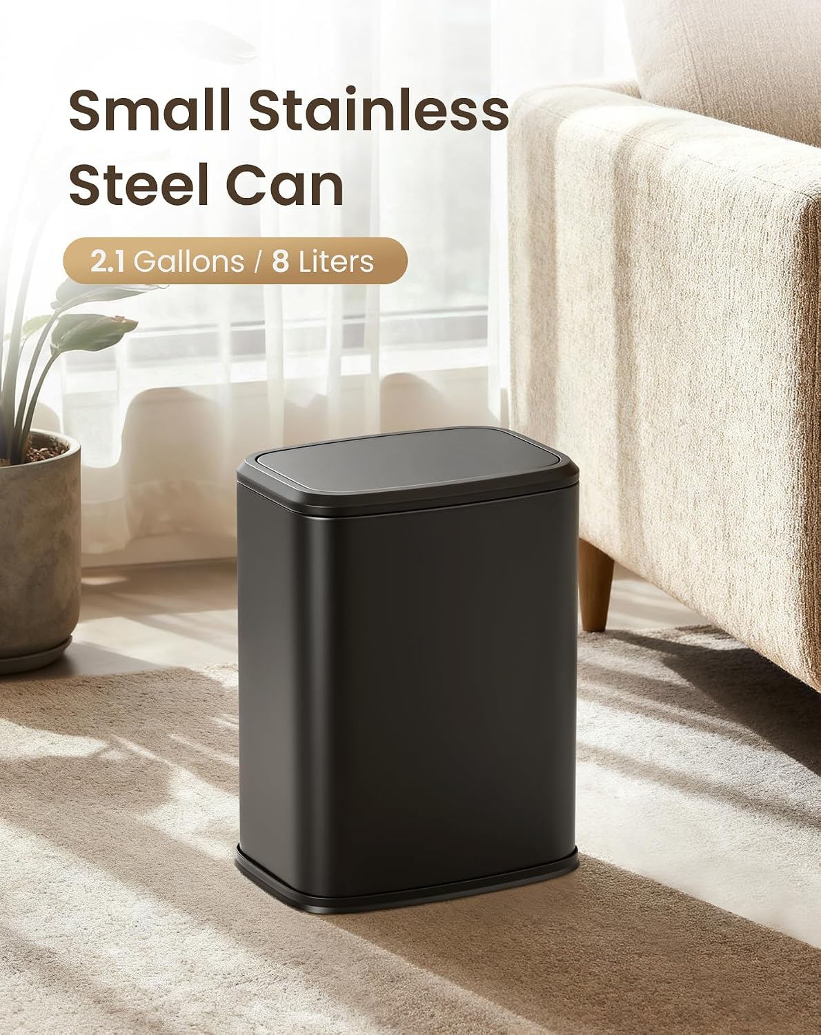 Cesun Small Bathroom Trash Can with Swing Lid, 2.1 Gallons, Black