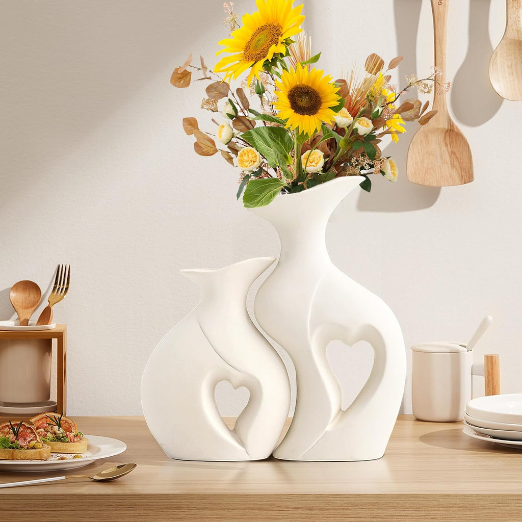 XL White Flower Vases, Nordic Heart Shaped Ceramic Set of 2