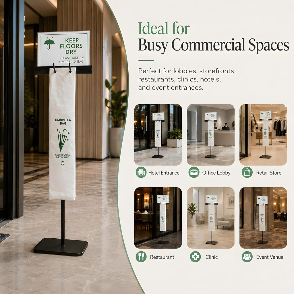 Umbrella Bag Stand with Sign Holder, 200 Bags, Weighted Base, 48 Inch