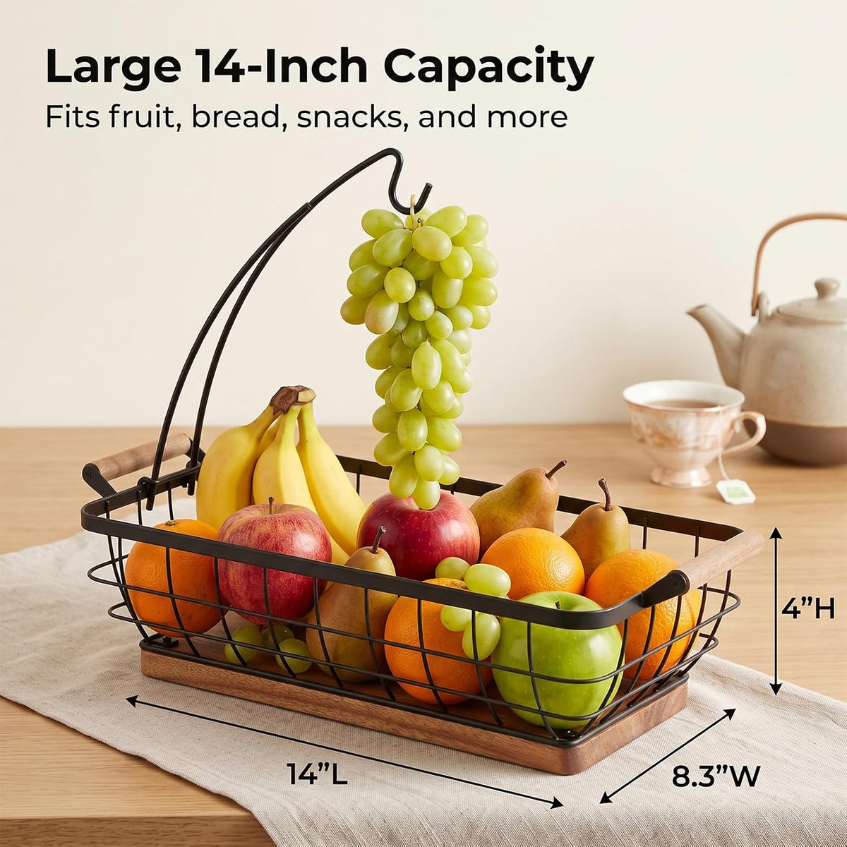 WILDMOS Rectangular Fruit Basket with Banana Hanger,Metal Wire Fruits Bowl with Wooden Base,Kitchen Table Organizer,Black Fruit Bowl for Kitchen Counter,Vegetable Bowls for Fruits, Veggies, Snacks.