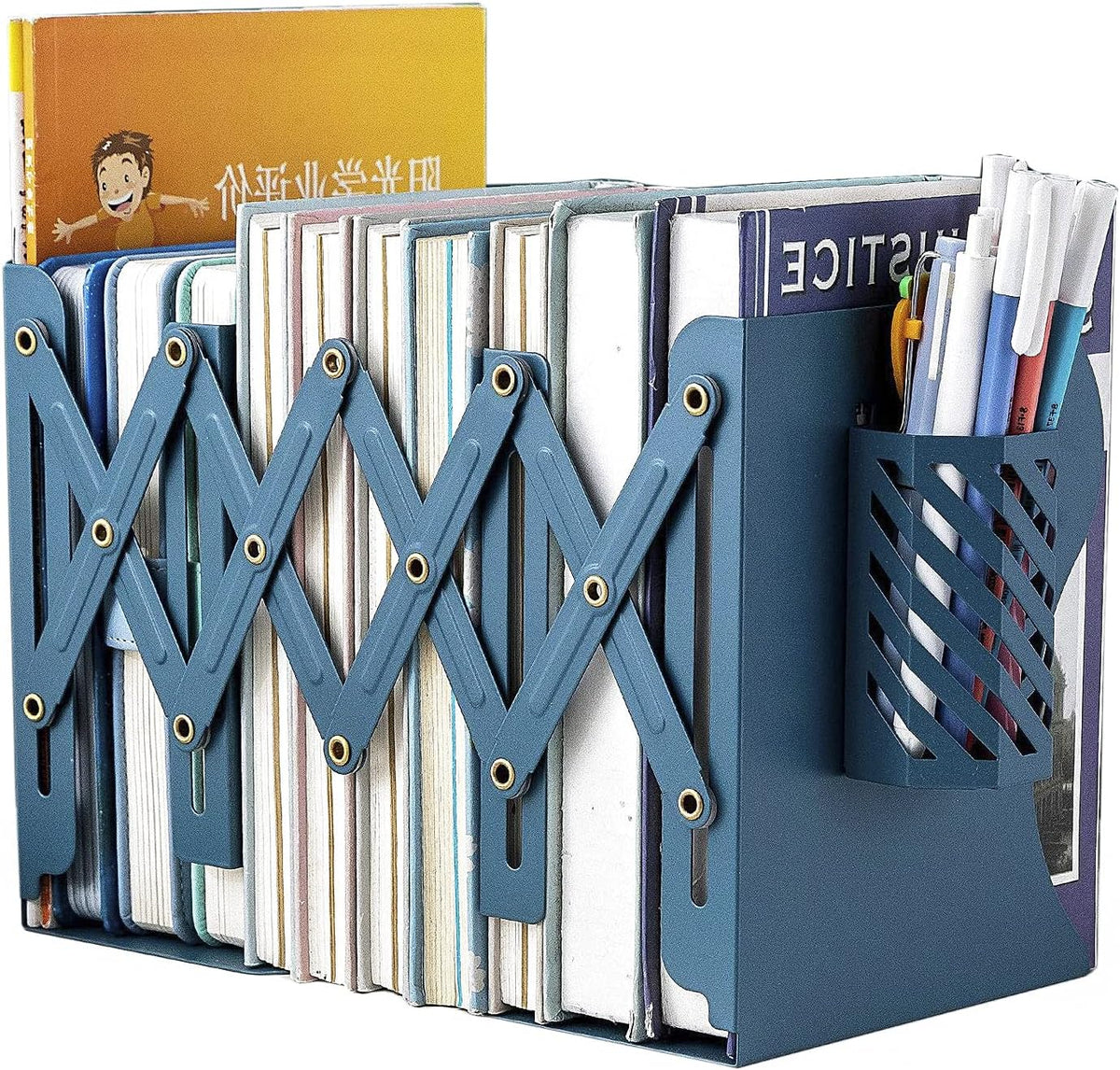 Adjustable Bookends Metal Book Ends for Heavy Book Holder Heavy Duty Bookends Nonskid Bookcase Desktop Book Organizer Binder Holder (Blue)