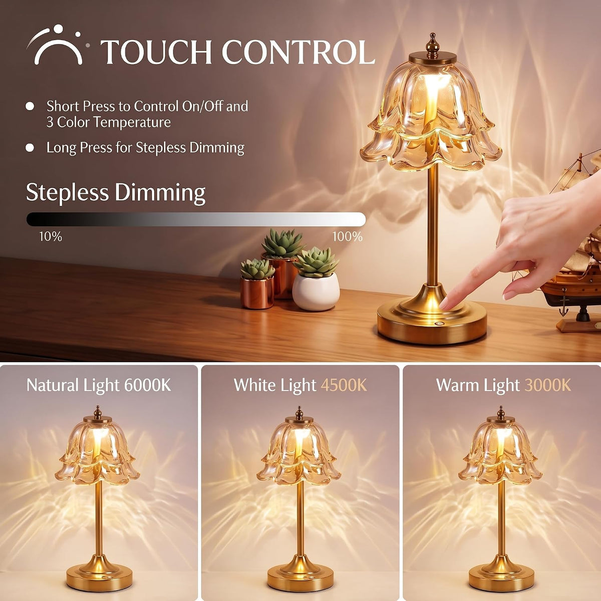 Glass Rechargeable Table Lamp, Vintage Flower Cordless Table Light -Amber
